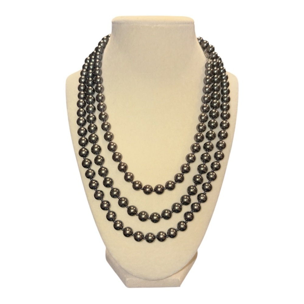 Roman Super Long Strand of dark gray faux pearls. Signed. Hand knotted. JB1